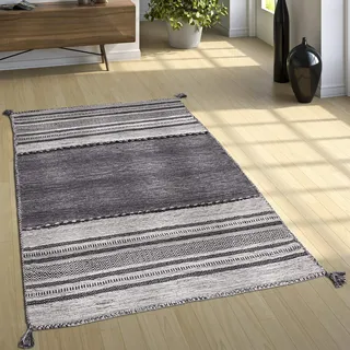 Paco Home Designer Teppich Webteppich Kelim Handgewebt 100% Baumwolle Modern Gemustert Grau, Grösse:120x170 cm