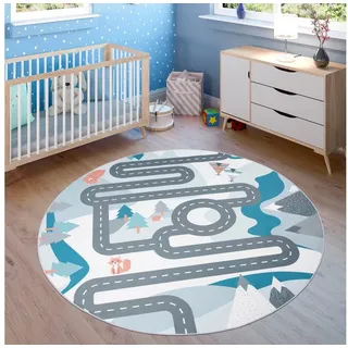 Paco Home Kinderteppich Bino 574, rund, Höhe: 4 mm, Kurzflor, Straßen-Spiel-Teppich, Tippis & Wald, Kinderzimmer beige rund | Ø 160 cm x 4 mm