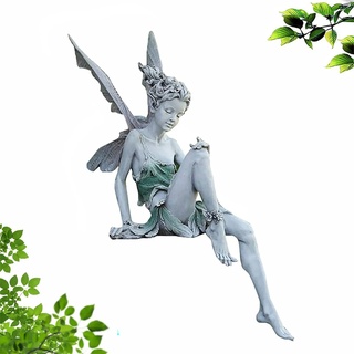 LSRVNM Garten Ornament Sitzen Magische Fee, Harz Gartendeko Elfe, Fee Statue Elfen Figuren mit Flügeln, Gartenfigur Handwerk Landschaftsbau Dekoration