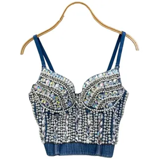 LNNXSZ Damen Pailletten Perlen Bustier Crop Top Frauen Sommer Denim Leibchen Korsett Top Eingebauter BH Kristall Diamanten Perle Luxus Jeans Tops High Street Club Party(S)