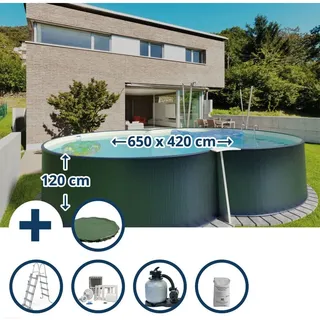 Stahlwandpool Set (6-teilig) Hoch Achtform 650x420x120 Cm, Stahl 0,4 Mm Anthrazit Folie 0,4 Mm Sand