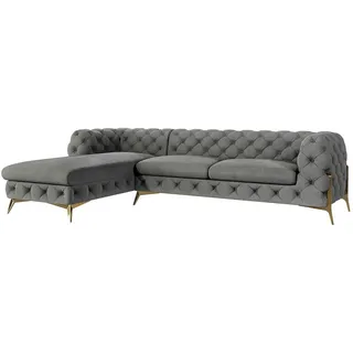 s-style möbel Ecksofa mit Ottomane links Nova mit Goldene Metall Füßen aus Grau Samtstoff, B/T/H: 305 cm/ 200 cm/ 75 cm - Grau