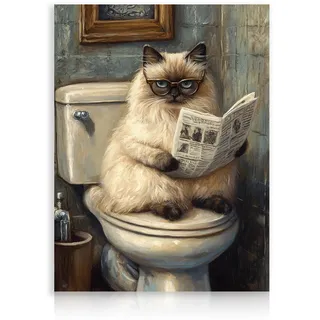 Dazzlewall Lustige Tier Wandbild für das Badezimmer Niedliche Katze liest die Zeitung auf der Toilette Humor Tiere Wanddeko Bild für die Toilette Badezimmer 12x16in Ungerahmt