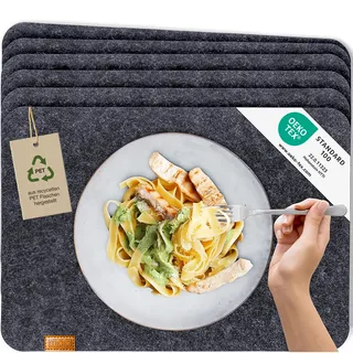Miqio® - Design Tischset aus Filz | Marken Label aus echtem Leder | 4er Set Platzset (dunkel grau anthrazit) abwaschbar | Filzmatte Tisch Untersetzer Platzdeckchen abwischbar