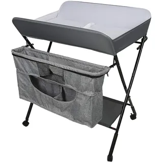 Belfoyer Mobiler Baby-Wickeltisch mit Rädern, Wickeltisch Klappbar, Baby Klappbarer Wickeltisch mit Rollen und Wickelauflage, Höhenverstellbar, Platzsparend und Stabil (Grau)