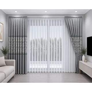 Gardinen by Justyna Vorhang Komplett-Set Vorhang Grau – Falten mit Store (5 St), Kräuselband, Fertiggardine, Halbtransparent, Faltenband, Komplett-Set, Pflegeleicht grau 300 cm x 245 cm