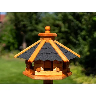 Deko-Shop-Hannusch Vogelhaus wahlweise mit Ständer und Solarbeleuchtung, Verschiedene Größen L - XXL, Futtersilo, wetterfestes Bitumendach (Größe M, schwarz)