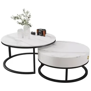 Runder Couchtisch Set Schwarz Weiß Marmor Tisch rund Wohnzimmertisch 2 Stück