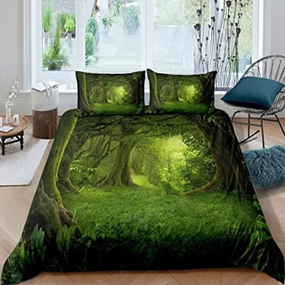 Bettwäsche 155x220 grüner Wald Weiche Mikrofaser Bettbezug mit Reißverschluss, Bettwäsche-Sets für Kinder - 1 Bettbezüge und 2 Kissenbezüge 80x80 cm