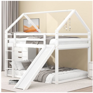 Celya Kinderbett Doppelbett Hausbett Etagenbett 140x200cm mit Rutsche und Leiter, Kinderzimmer Hoch-Doppel-Stockbett weiß