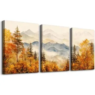 Aquarell Wald Leinwandbilder Set Herbst Berglandschaft Gelb 30cm x