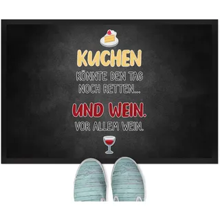 JUNIWORDS Fußmatte, Kuchen könnte den Tag noch retten und Wein. Vor allem Wein, 60 x 40 cm, mit Gummirand (1004847)