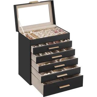 SONGMICS Schmuckkästchen mit Glasdeckel, 6 Ebenen, 5 Schubladen | Schmuckaufbewahrung für Ohrringe, Ringe, Armbänder, Halsketten, tintenschwarz und kamelbraun, GISELLA Kollektion JBC171B01