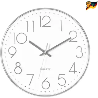 Wanduhr Quarzwerk 30 cm Lautlos große Zahlen Silber für Küche Wohnzimmer 80 cm
