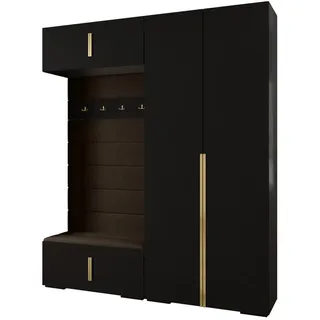 Abiks Möbel Garderoben-Set, Schwarz, Braun, Gold, Holz, Nachbildung, 2-Sitzer, 10 Fächer, 200x236.7x47 cm, Garderobe, Garderoben-Set & Garderoben-Serien, Garderoben-Sets