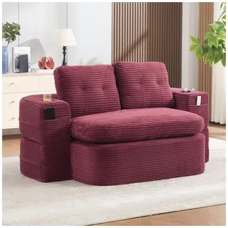 Odikalo Sessel 2-in-1 Schlafsessel mit bettfunktion ausziehbar (Cord, Schlafsofa mit Liegefunktion, Komprimiertes Bodensofa mit Verstellbaren Armlehnen, 2 Getränkehaltern, Hoher Rückenlehne und Extra Tiefer Sitzfläche) rot