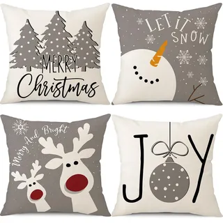 PSDWETS Weihnachts-Kissenbezüge, Dekokissen, Zierkissen, 45,7 x 45,7 cm, 4 Stück, Weihnachtsdekoration, Schneemann, Hirsch, Weihnachtsbaum, Winterurlaub, Dekoration, Wurfkissenbezug für Zuhause, Couch