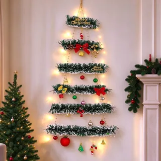 Weihnachtsbaum Leiter Lichterkette mit Lametta Girlande Wanddeko (D) | LED Weihnachtsbeleuchtung Lametta Girlande Weihnachten mit LED Lichterkette Weihnachtsdeko Lichterkette für Innen Außen