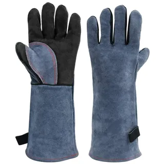 HR-International Schweißerhandschuhe Grillhandschuhe Rindsleder Leder Hitzefeste für Schweisser für Barbecue Küche Backofen Mikrowellenherd 42CM