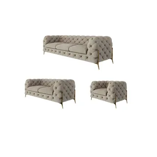 S-Style Chesterfield Polstergarnitur Samt 3-Sitzer + 2-Sitzer + Sessel Creme