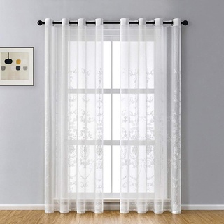 Lsimeru Vintage Gardinen Durchsichtig Wohnzimmer Barock Stickerei Blumenmuster 2er Set Tüll Weiß Gardinen Vorhänge Transparent Ösenschal 260x140