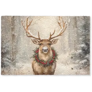 FUSSMATTE Weihnachten - Rentier - Winter - Kranz Flurteppich 60x40 cm