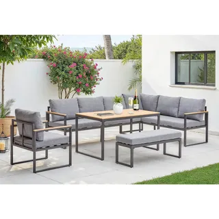 Ambia Garden Dining-Loungeset, Grau, Natur, Dunkelgrau, Metall, Kunststoff, Textil, 5-teilig, Füllung: Polyester,Schaumstoff, eckig, U-Form, 250x187 cm, Loungemöbel, Gartenlounge-Sets