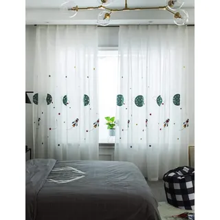 Lactraum Vorhang Kinderzimmer Junge Transparent Weiß mit Ösen Bestickt Planet Sterne Raumschiff Voile 100 x 245cm