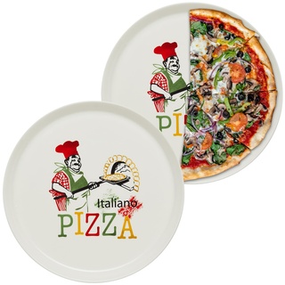 KHG 2er Set Pizzateller, extra groß mit 30cm Durchmesser in Chefkoch Print, perfekt für Gastro und Zuhause, hochwertiges Porzellan, Spühlmaschinengeeignet & perfekt Stapelbar