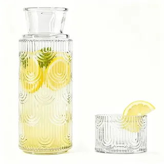 Wasserkaraffe Glaskaraffe mit Deckel - 640ml Glas Karaffe und 180ml Trinkglas, Karaffe mit Deckel Wasserkaraffe Glas Wasserflasche, für Heißes Kaltes Wasser Saft Eistee Milch (Transparent)