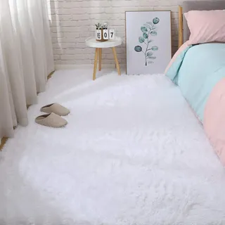 YUANBIAO Hochflor Langflor Teppiche 50x140cm Flauschig Weiche Bettvorleger Dekofell fürs Wohnzimmer, Schlafzimmer, Esszimmer oder Kinderzimmer, Weiß