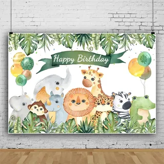 Ttincceer 220x150cm Happy Birthday Hintergrund Dschungel Tiere Tropische Pflanzen Fotografie - Niedlicher Löwe Elefant Nilpferd - Baby Shower Dekorationen Banner