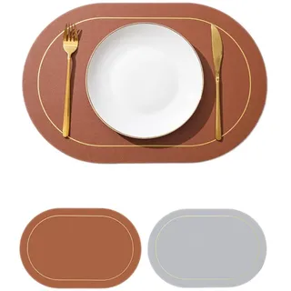 Wambere 4 Stück 45cm×30cm Tischsets Platzsets Leder,Zweifarbiges Ovales Tischset,Tischdekoration Tischuntersetzer Essunterlagen Tischsets Abwaschbar Abwischbar rutschfest Hitzebeständig,Braun + Grau