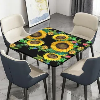 Surwin Tischdecke Abwaschbar Quadratisch mit Gummizug, Blumenmuster Elastische Outdoor Tischdecke, Wasserabweisend Tischtuch, Gartentischdecke für Esszimmer Geburtstag (Sonnenblumen 02,90cm)