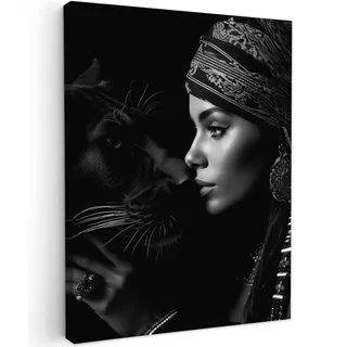 MuchoWow© Wandbilder Schlafzimmer Home Deko Wohnung Bild Wohnzimmer | 50x70 cm - Fotoleinwand Wand Bilder Leinwand Wall Decor Frau - Panther - Tiere - Schwarz und weiß - Porträt