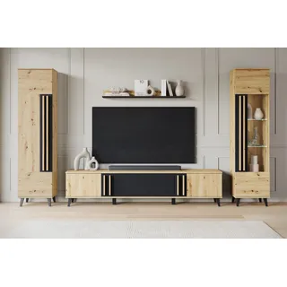 Home Affaire Wohnwand HOME AFFAIRE "Helsinki, Modernes Set mit verglaster Vitrine", schwarz (eichefarben artisan, graphite schwarz matt), B:260cm H:159,5cm T:33cm, Holzwerkstoff, Kastenmöbel-Sets, Wohnwand, mit lamellengriffen, verstellbaren Einlegeböden und 