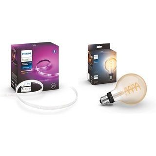 Philips Hue White & Color Ambiance Lightstrip Plus Basis-Set V4 2 m & White Ambiance E27 Einzelpack Giant Globe G125 Filament 550lm, dimmbar