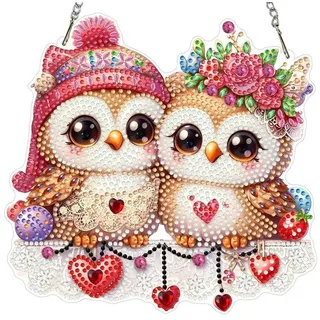 luxuskollektion MXJSUA Verliebte Eulen Diamond Painting Anhänger mit Kette Erwachsene, Diamant Painting Fensterbilder Hängende Ornament Bastelset Set für Wand Und