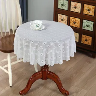 Ricemru Runde Tischdecke Boho 180 Rund Spitze Vintage Landhausstil Weiß Spitzentischdecke Diamantgitter Stickerei Tischtuch Tafeltuch für Hochzeit, Party