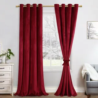JIUZHEN Rot Samt Vorhang Weihnachten Wohnzimmer Samtvorhang Weihnachtsdeko Gardinen mit Ösen 2er Set Vorhänge Schlafzimmer Gardine Kälteschutz Velvet Schalldämmend Curtains, H245 x B140 cm