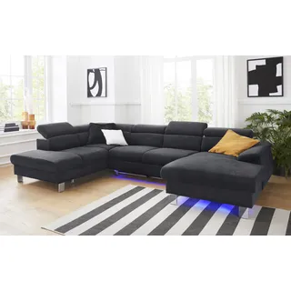 Wohnlandschaft COTTA "Komaris U-Form", grau (lava), B:320cm, Microfaser PRIMABELLE (100% Polyester), Kunstleder SOFTLUX, Feinstruktur (100% Polyester), Kunstleder SOFTLUX/Struktur (100% Polyester), NaturLEDER, Sofas, inklusive Kopfteilverstellung, wahlweise mit Bettfunktion und RGB-LED