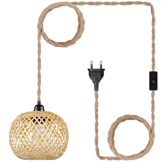 EcoGehen Vintage Hängelampe mit Stecker Boho Rattan Bambus Pendelleuchte | Rustikal Lampe Lampenschirm, 450cm Kabel, E27, Hängende Leuchte Für Schlafzimmer Flur Küche Esstisch