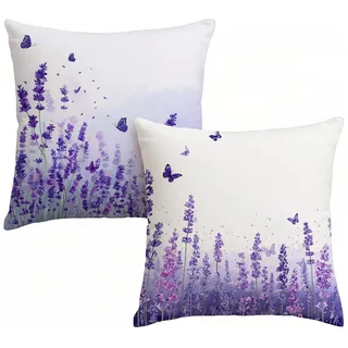 Outdoor Wetterfest Kissenbezug 40 x 40 cm 2er Set Lila Kissenbezüge, Quadratische Samtkissen mit Unsichtbarer Reißverschluss, Lavendel Zierkissenbezüge für Outdoor Gartenmöbel Sofa Terrasse Deko V-8