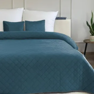 Euromat Tagesdecke Steppdecke Bettüberwurf Gesteppte Tagesdecke mit 2 Kissenbezüge 40x40 cm- (Dunkles Türkis- Velvet Amarante, 220x240 cm)