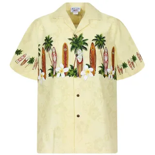 Pacific Legend Hawaiihemd "Surfbretter Brustdruck" Herren Baumwolle Kokosknöpfe Original Hawaii gelb S