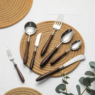 TTiiLoe 7-teiliges Löffel-Gabel-Messer-Besteck-Set mit Wenge-Griff, Luxus-Holzgriff, Edelstahl-Besteck-Set for Zuhause, Picknick