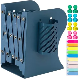 Verstellbare Buchstütze, Verstellbar Buchstützen Kinder Metall Bücherhalter Erweiterbar Metall Bücherstützen mit Stifthalter Bücherhalter Buchständer für Büro Zuhause Schule Bibliothek (Blau)