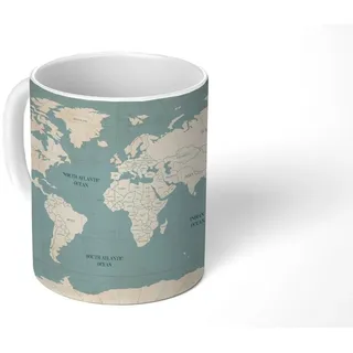 MuchoWow Tasse Weltkarte - Vintage - Blau, 1-tlg., Keramik, Kaffeetassen, Teetasse, Becher, Kaffeebecher, Geschenk bunt