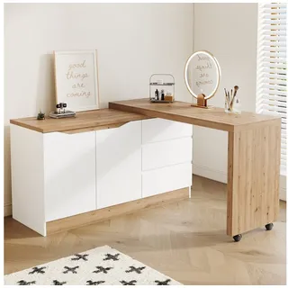 STILVORA Sideboard Schreibtisch mit Rollen Eckschreibtisch mit drehbarer Tischplatte (Schreibtisch, 2 Türen, 3 Schubladen, Drehbares Design, klappbar, 4 cm Tischplatte, mit Bremse), für Homeoffice, Arbeitszimmer, Schlafzimmer, kleine Räume weiß