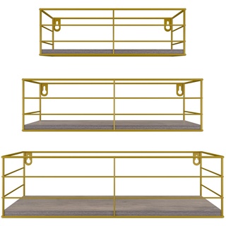 EYMPEU Wandregal 3er Set, Wandregal Holz mit Gold Metall, geeignet für Küchen Bäder Wohnräume Büro